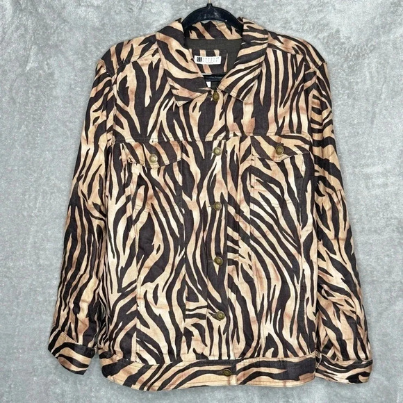 Carole Little 3X Shirt Top Brown Zebra Print Button Up Long Sleeve Collared - Picture 1 of 6